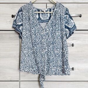 Lucky Brand Cropped Paisley Floral Print V-Neck Blouse White and Blue Size Small